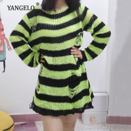 Summer Unisex Punk Sweater: Striped, Hollow Out, Loose Fit - Quid Mart