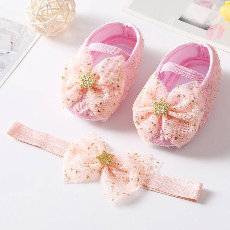 Sequins Baby Shoes: Leather Toddler First Walkers and Headband - Quid Mart