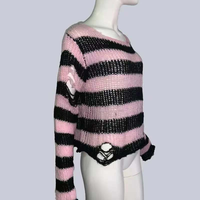 Summer Unisex Punk Sweater: Striped, Hollow Out, Loose Fit - Quid Mart