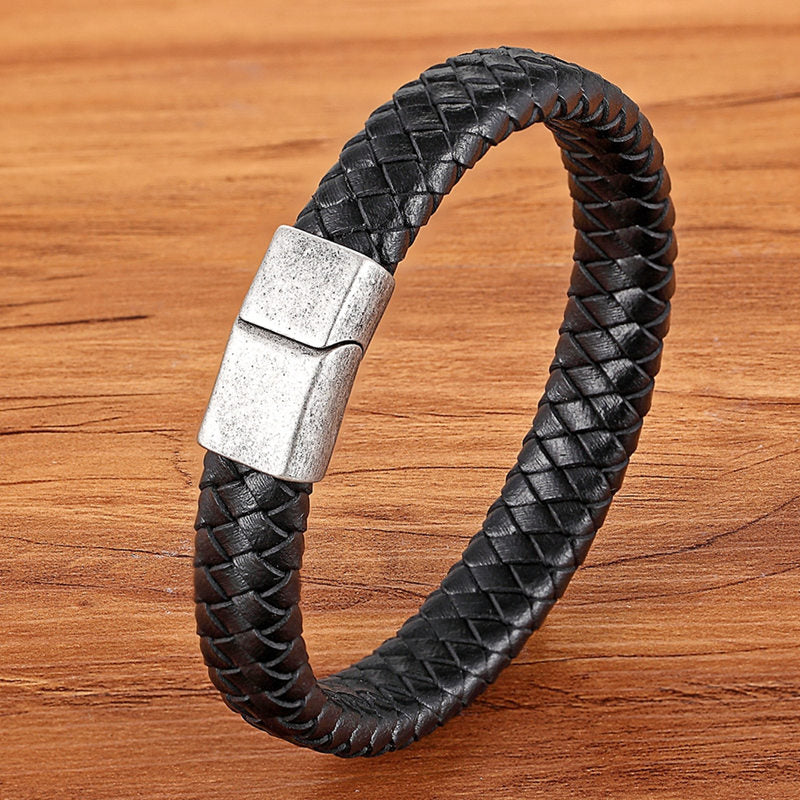TYO Fashion Stainless Steel Charm Magnetic Black Men Bracelet Leather Genuine Braided Punk Rock Bangles Jewelry Accessories - Quid Mart