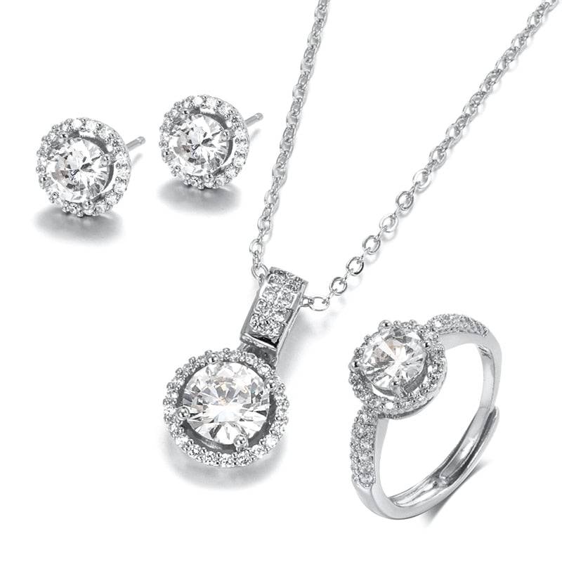 Kinel 18K Gold Zircon Bridal Jewelry Set: Ring, Necklace, Earrings - Quid Mart