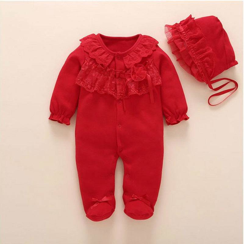 Newborn Baby Girl Fall Cotton Lace Jumpsuit with Socks and Headband - Quid Mart