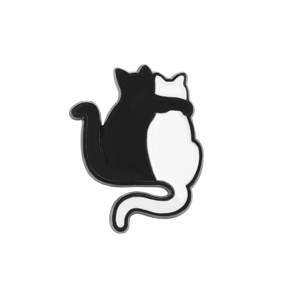 Cartoon Animal Brooches Black White Couple Cat Fish Bone Enamel Pins Clothes Collar Lapel Pin Bag Metal Badges Jewelry For Lover - Quid Mart