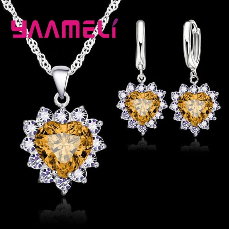 Trendy 925 Sterling Silver Jewelry Set for Women Heart CZ Stone Charm Pendants Necklaces Earrings LOVE Anniversary Gift - Quid Mart