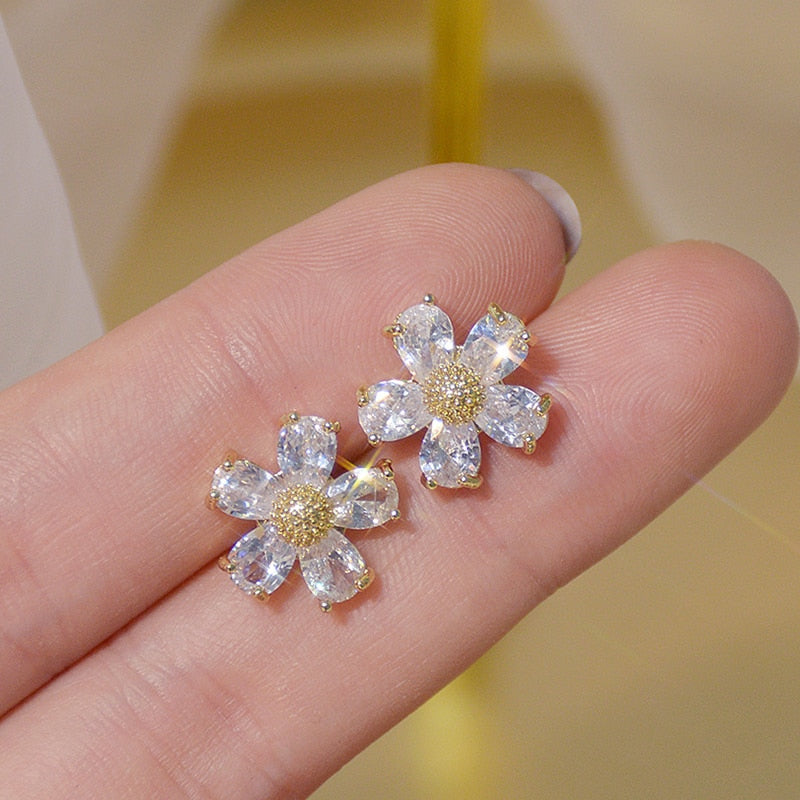 New Korea Sweet Cute Flower Crystal Temperament Geometric Shiny Zircon Earrings Statement Earrings for Women Girl Pendientes - Quid Mart