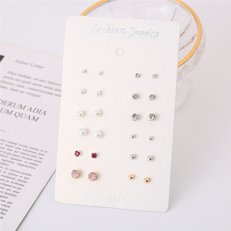 12 pairs/set Crystal Simulated Pearl Earrings Set Women Jewelry Accessories Piercing Ball Stud Earring kit Bijouteria brincos - Quid Mart