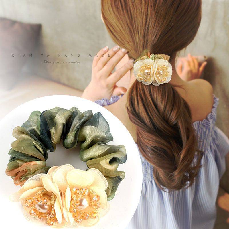 Korean Elegant Flower Scrunchies - Hair Accessories for Women - Quid Mart