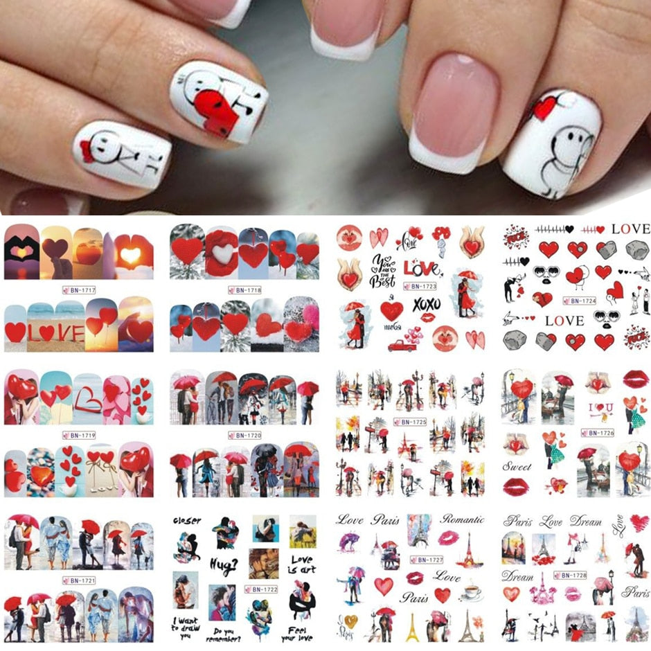 12pcs Valentines Manicure Love Letter Flower Sliders for Nails Inscriptions Nail Art Decoration Water Sticker Tips GLBN1489-1500 - Quid Mart