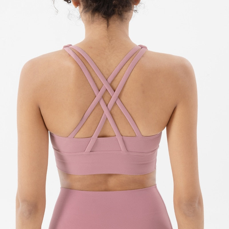 Nude Cross Back Yoga Bra: Supportive Gym Crop Top for Women - Quid Mart