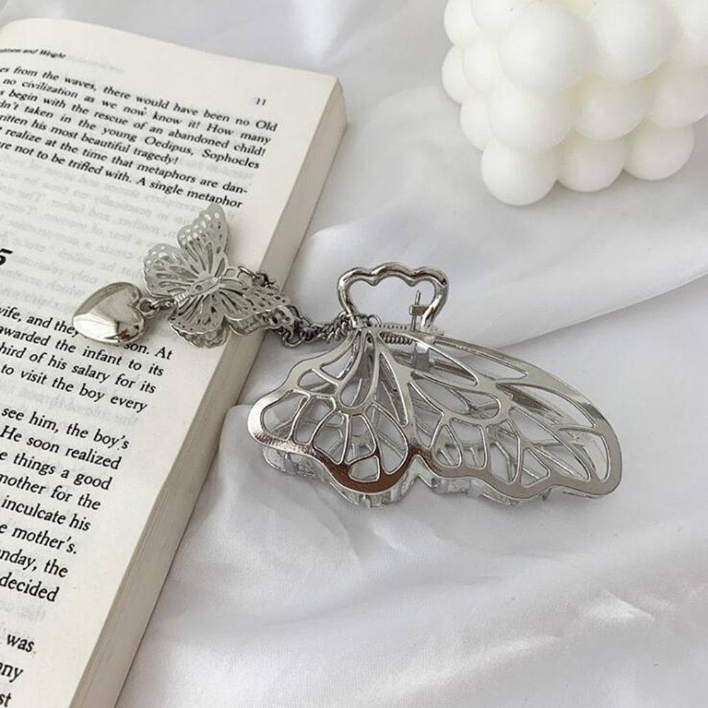 Hollow Out Butterfly Heart Tassel Hair Pins - Vintage Silver Harajuku Accessories - Quid Mart