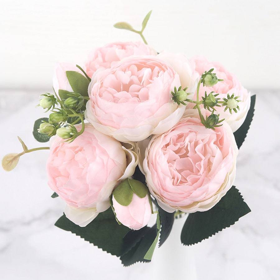 30cm Rose Pink Silk Peony Artificial Flowers Bouquet 5 Big Head and 4 Bud Cheap Fake Flowers for Home Wedding Decoration indoor - Quid Mart