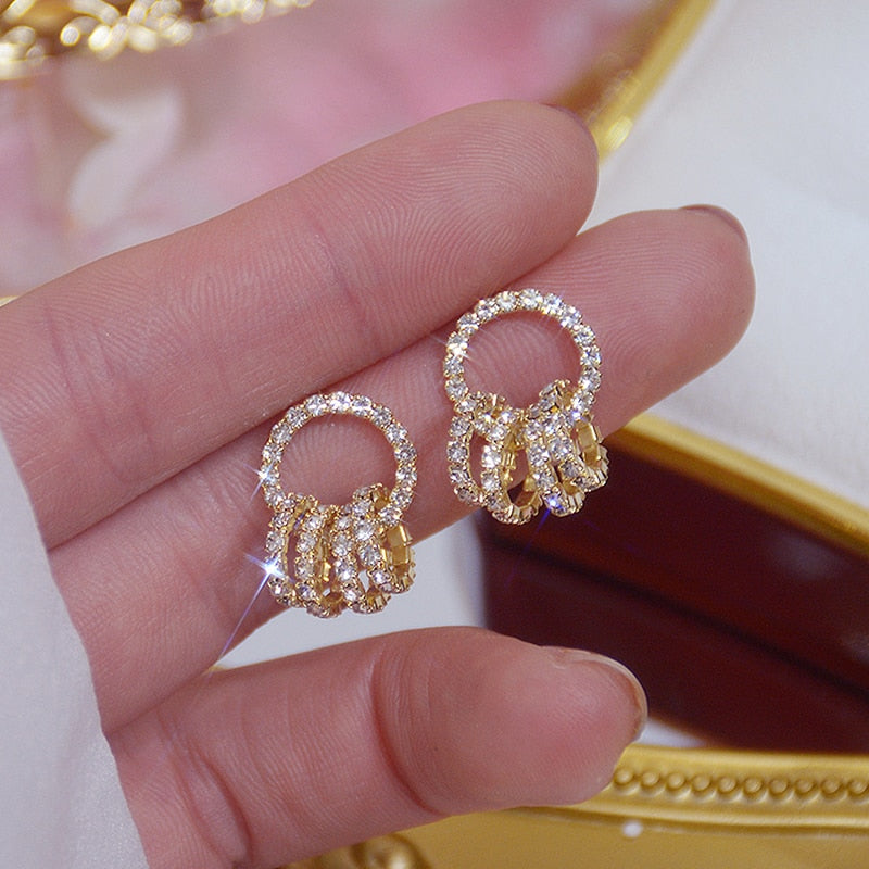 New Korea Sweet Cute Flower Crystal Temperament Geometric Shiny Zircon Earrings Statement Earrings for Women Girl Pendientes - Quid Mart