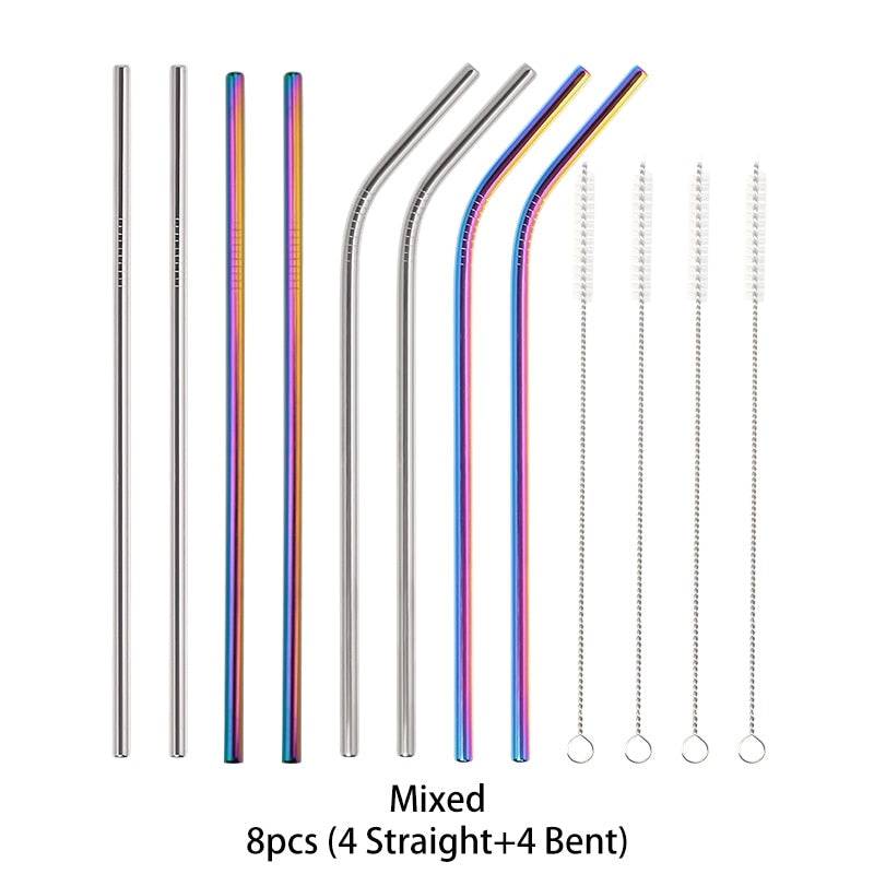 Metal Reusable 304 Stainless Steel Straws Straight Bent Drinking Straw With Case Cleaning Brush Set Party Bar accessory - Quid Mart