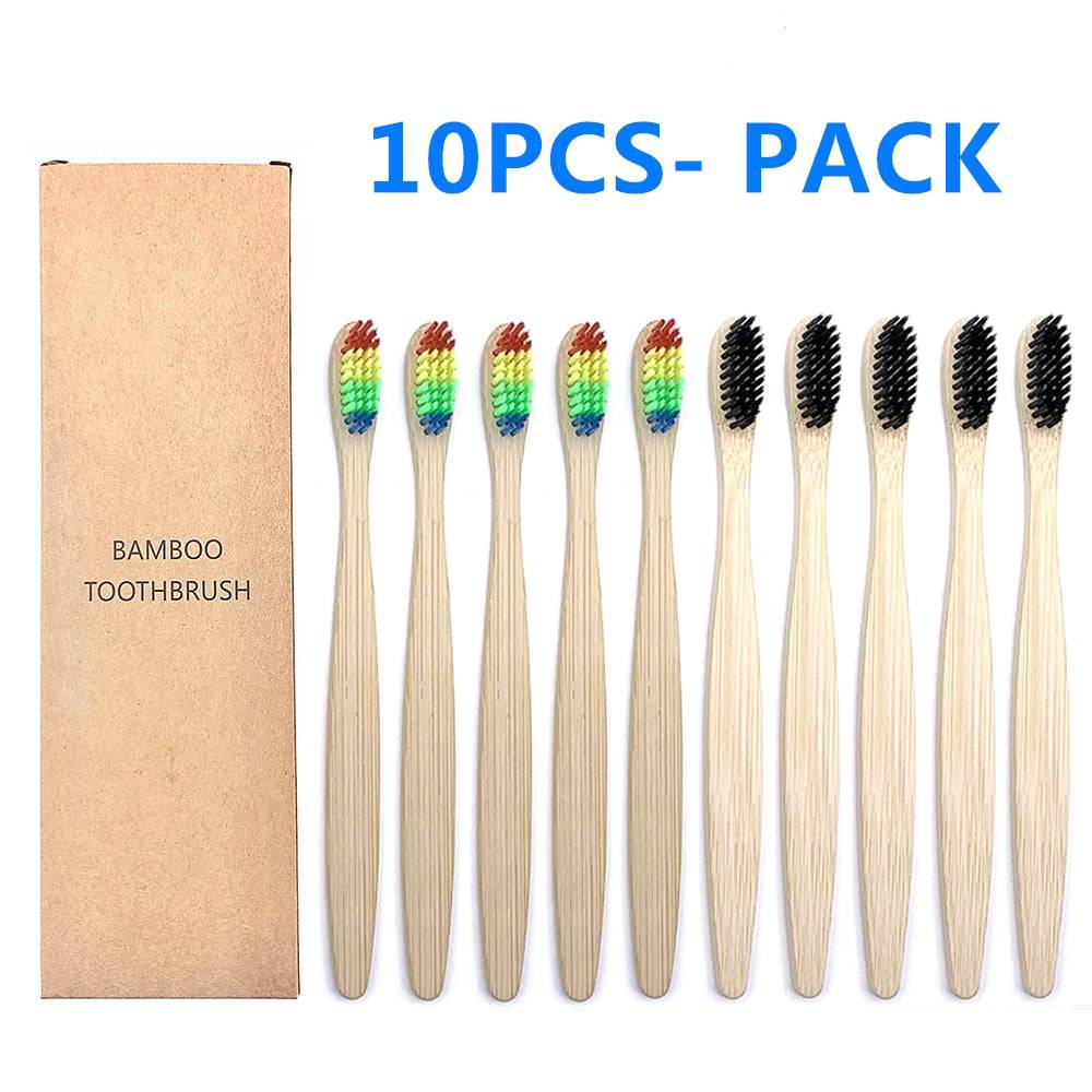 10PCS Biodegradable Bamboo Toothbrush Teeth Colorful Bristle Natural Bamboo Tooth brush Dental Eco Bambou Toothbrushes - Quid Mart