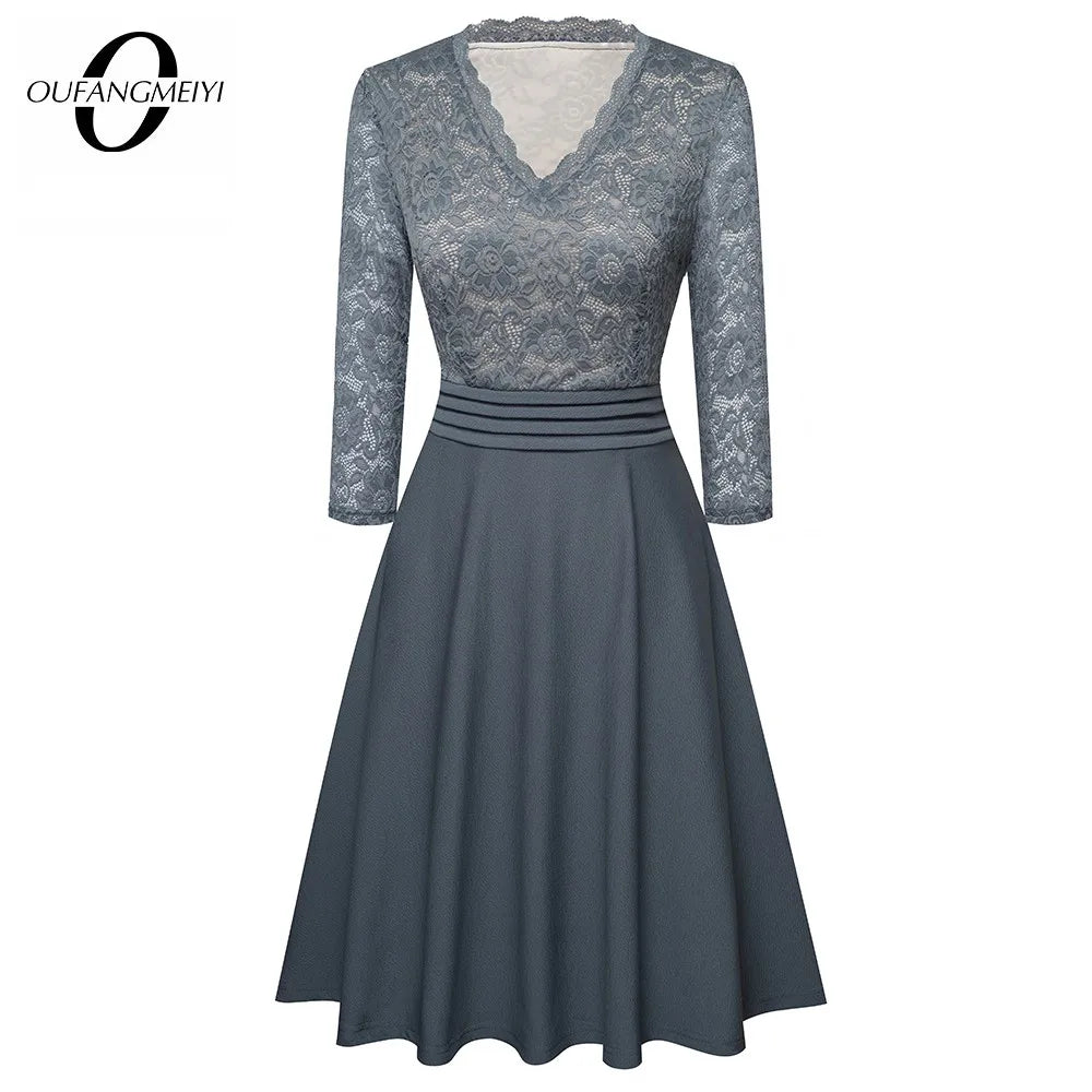 Women Elegant Vintage Lace See Through Sleeve Casual Party Special Occasion Work Office Tunic Pinup Skater A-Line Dress EA062