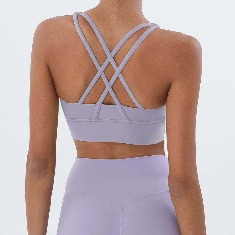 Nude Cross Back Yoga Bra: Supportive Gym Crop Top for Women - Quid Mart