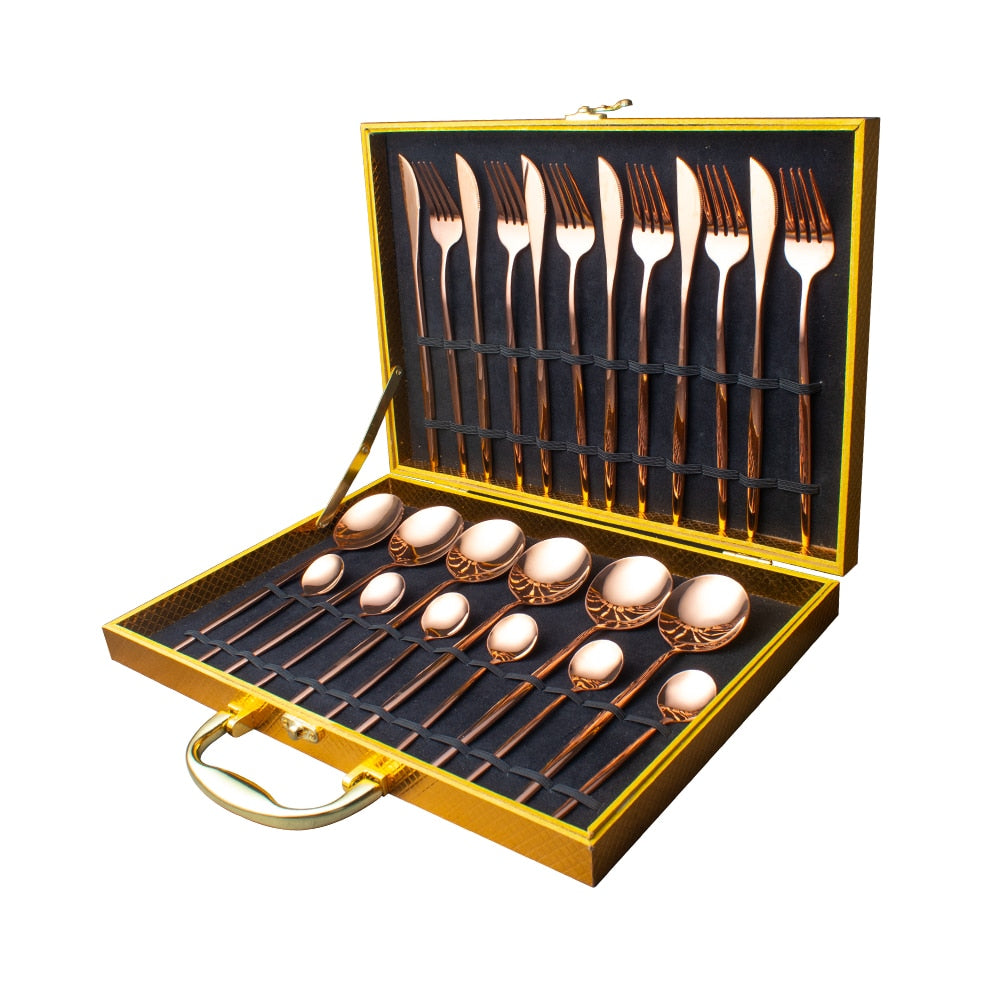 24pcs Gold Dinnerware Set Stainless Steel Tableware Set Knife Fork Spoon Luxury Cutlery Set Gift Box Flatware Dishwasher Safe - Quid Mart