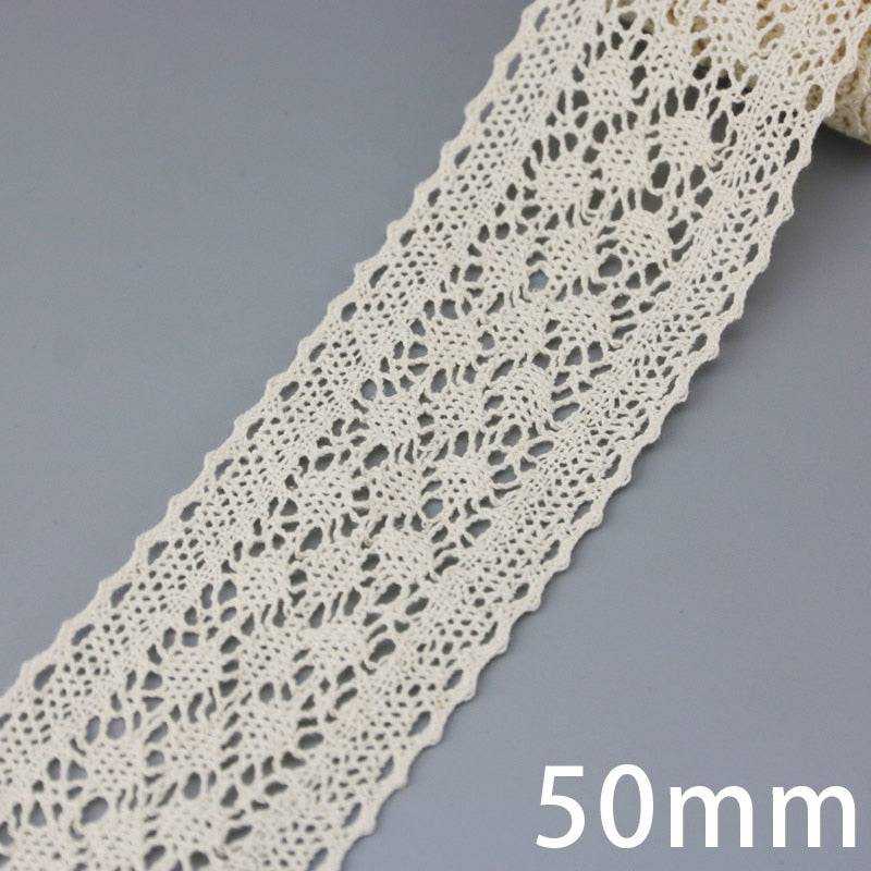 White & Beige Embroidered Cotton Lace Net Ribbon - 5 Meters per Roll - Fabric Trim for DIY Sewing and Handmade Crafts - Quid Mart