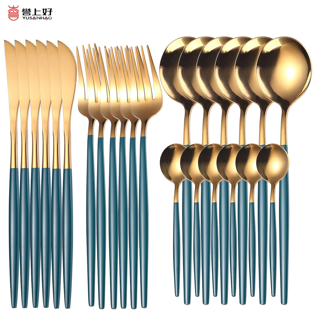 24pcs Gold Dinnerware Set Stainless Steel Tableware Set Knife Fork Spoon Luxury Cutlery Set Gift Box Flatware Dishwasher Safe - Quid Mart