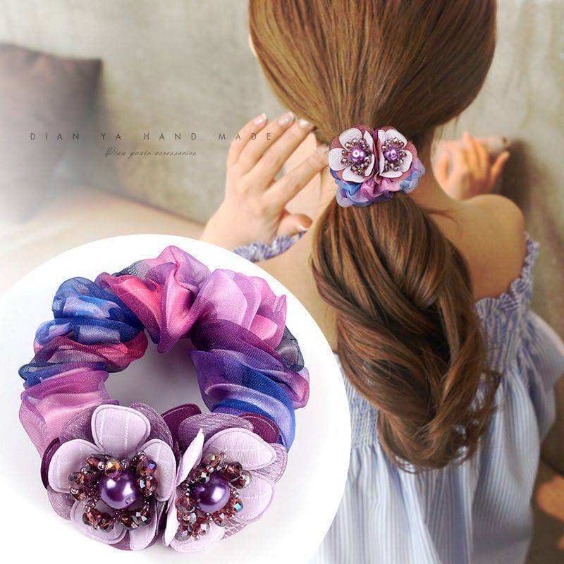 Korean Elegant Flower Scrunchies - Hair Accessories for Women - Quid Mart