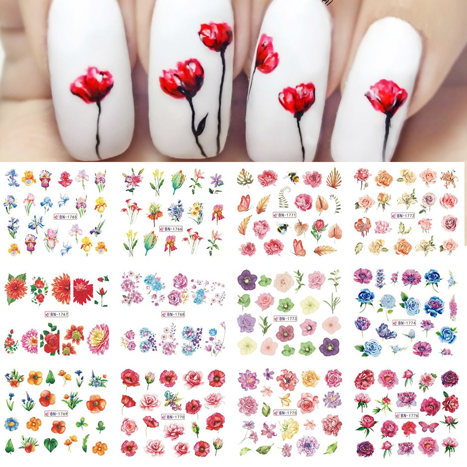 12pcs Valentines Manicure Love Letter Flower Sliders for Nails Inscriptions Nail Art Decoration Water Sticker Tips GLBN1489-1500 - Quid Mart