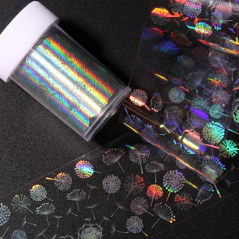 4*100cm/Roll Holographic Nail Foil Flame Dandelion Panda Bamboo Holo Nail Art Transfer Sticker Water Slide Nail Art Decals - Quid Mart