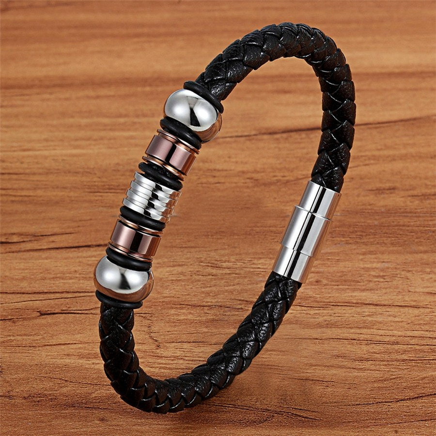 TYO Fashion Stainless Steel Charm Magnetic Black Men Bracelet Leather Genuine Braided Punk Rock Bangles Jewelry Accessories - Quid Mart