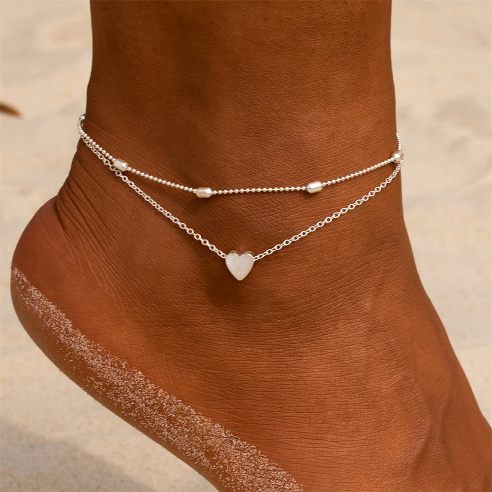 IPARAM Women&#39;s Anklet Bohemian Layered Heart Anklet 2021 Summer Beach Anklets On Foot Ankle Bracelets For Women Leg Chain - Quid Mart