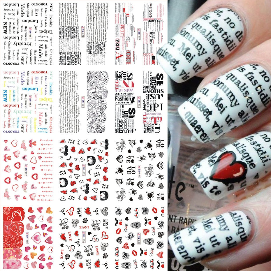 12pcs Valentines Manicure Love Letter Flower Sliders for Nails Inscriptions Nail Art Decoration Water Sticker Tips GLBN1489-1500 - Quid Mart