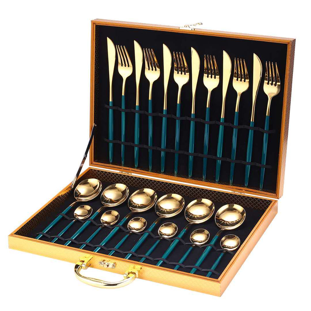 24pcs Gold Dinnerware Set Stainless Steel Tableware Set Knife Fork Spoon Luxury Cutlery Set Gift Box Flatware Dishwasher Safe - Quid Mart