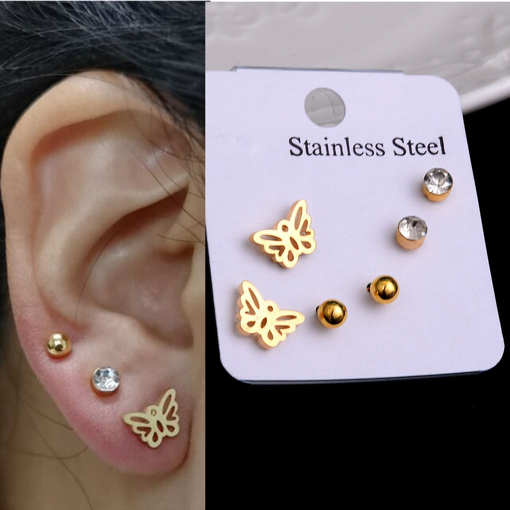 Stainless Steel Earrings Small Cute Butterfly Star Moon Heart Stud Earrings Set Punk Piercing Earing Women&#39;s Minimalist Jewelry - Quid Mart