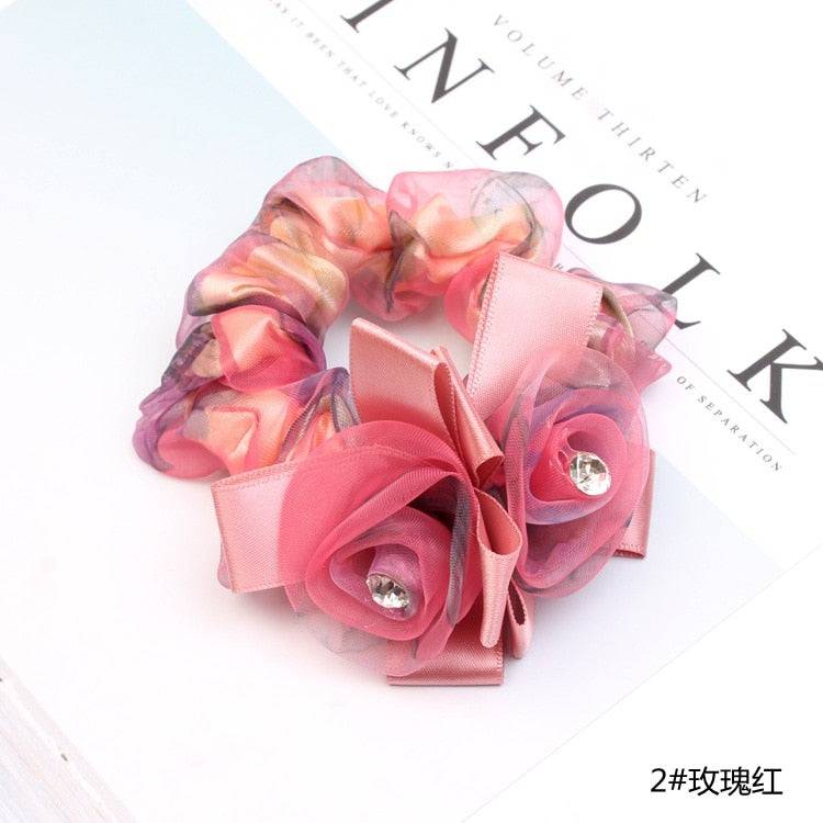 Korean Elegant Flower Scrunchies - Hair Accessories for Women - Quid Mart