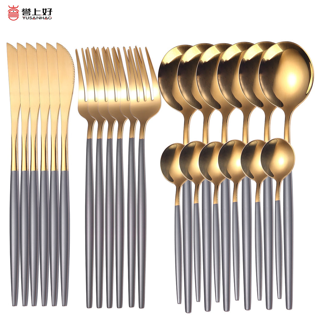 24pcs Gold Dinnerware Set Stainless Steel Tableware Set Knife Fork Spoon Luxury Cutlery Set Gift Box Flatware Dishwasher Safe - Quid Mart