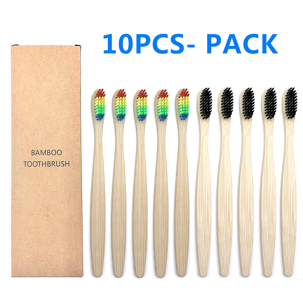10PCS Colorful Natural Bamboo Toothbrush Set Soft Bristle Charcoal Teeth Whitening Bamboo Toothbrushes Soft Dental Oral Care - Quid Mart