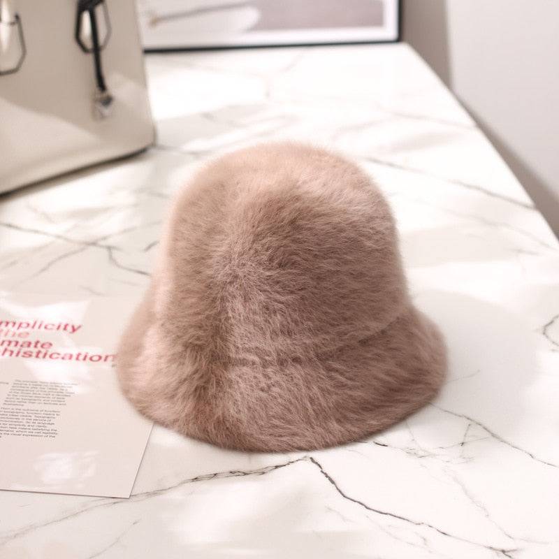 2020 Hat winter women's fashion Solid color rabbit fur hat bucket cap  fisherman's hat retro knitted wool basin Bucket Hat - Quid Mart