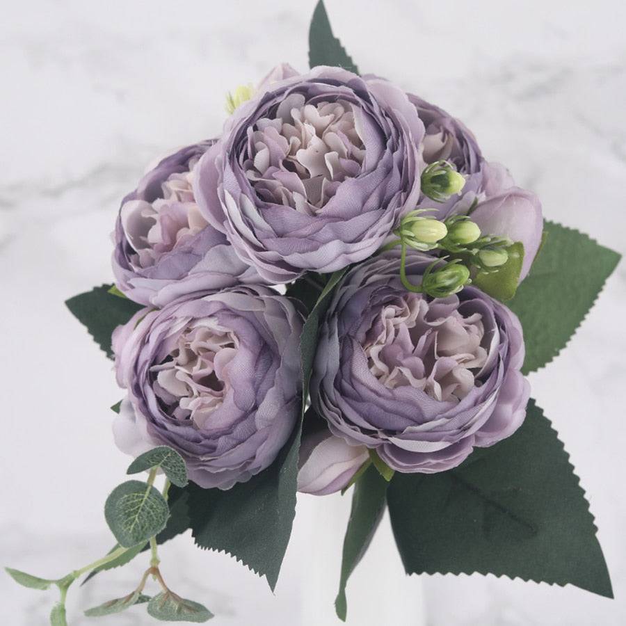 30cm Rose Pink Silk Peony Artificial Flowers Bouquet 5 Big Head and 4 Bud Cheap Fake Flowers for Home Wedding Decoration indoor - Quid Mart