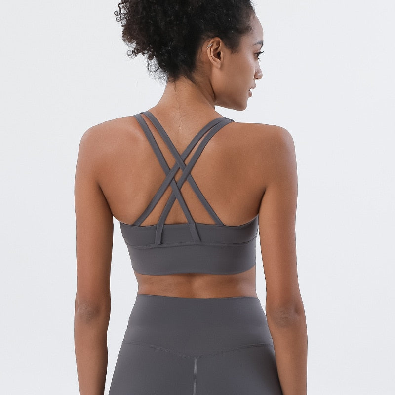 Nude Cross Back Yoga Bra: Supportive Gym Crop Top for Women - Quid Mart