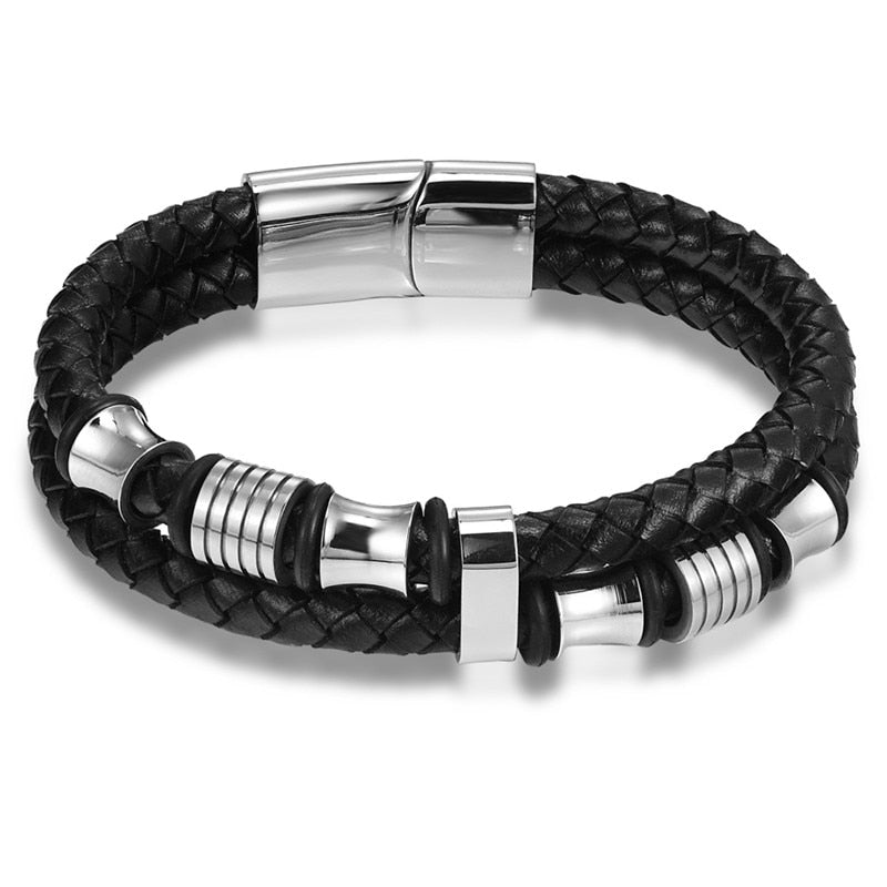 TYO Fashion Stainless Steel Charm Magnetic Black Men Bracelet Leather Genuine Braided Punk Rock Bangles Jewelry Accessories - Quid Mart