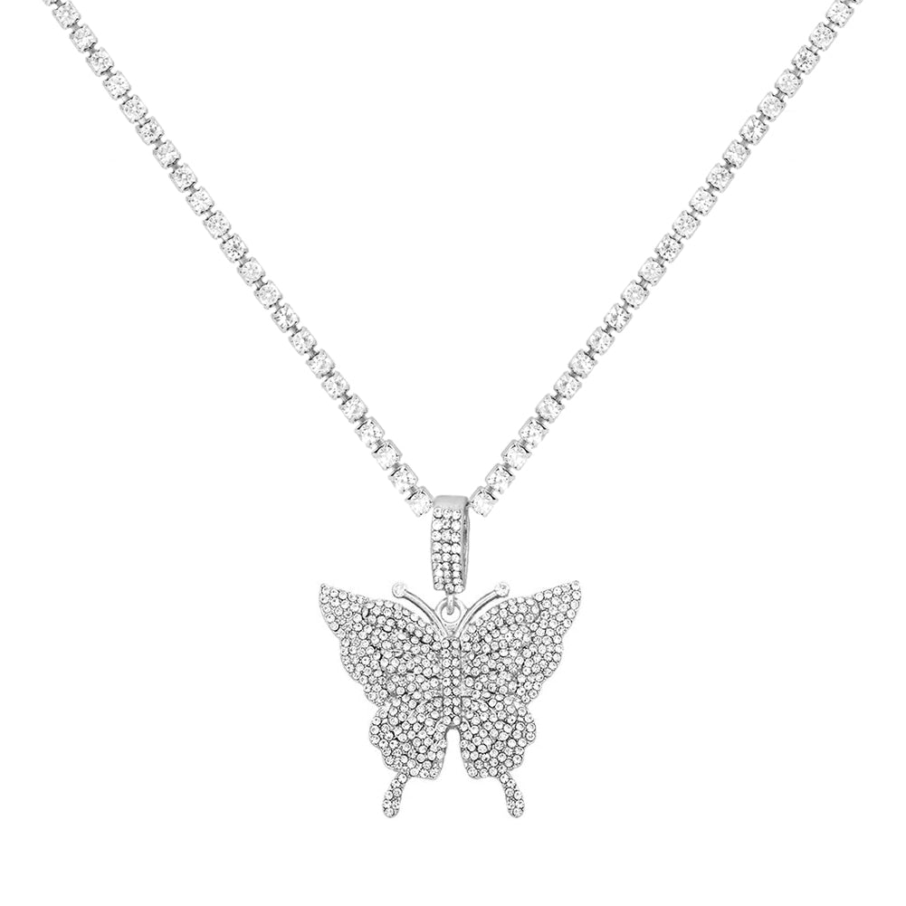 Statement Big Butterfly Pendant Necklace Rhinestone Chain for Women Bling Tennis Chain Crystal Choker Necklace Party Jewelry - Quid Mart