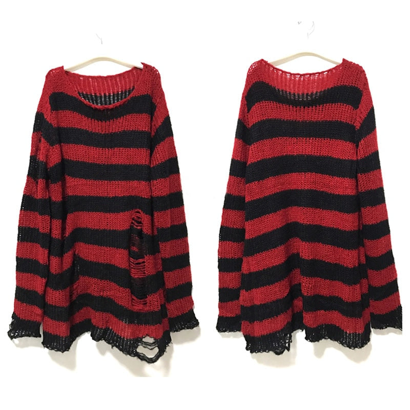 Summer Unisex Punk Sweater: Striped, Hollow Out, Loose Fit - Quid Mart