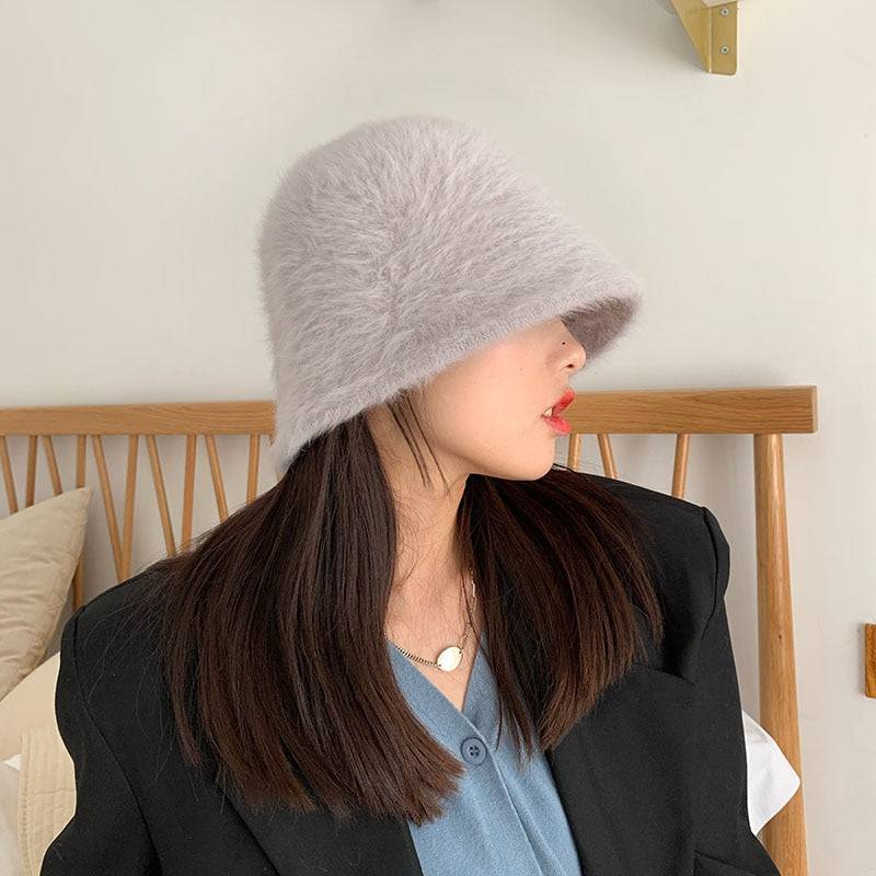 2020 Hat winter women's fashion Solid color rabbit fur hat bucket cap  fisherman's hat retro knitted wool basin Bucket Hat - Quid Mart