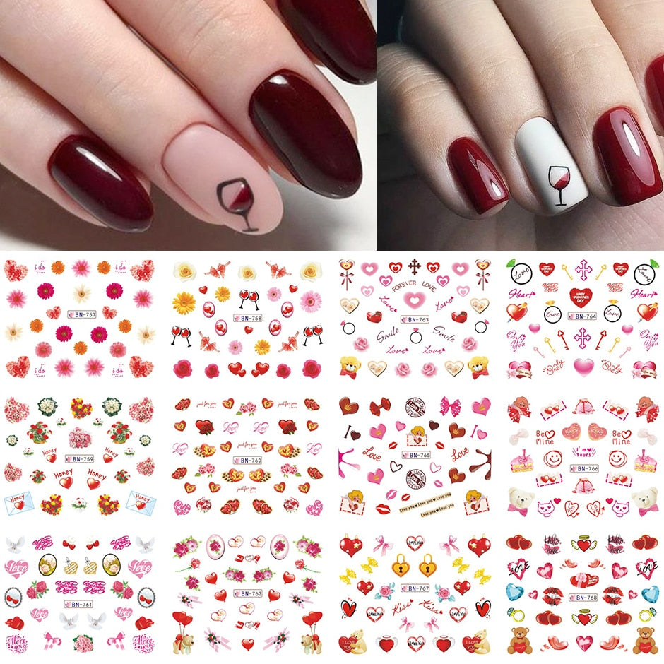 12pcs Valentines Manicure Love Letter Flower Sliders for Nails Inscriptions Nail Art Decoration Water Sticker Tips GLBN1489-1500 - Quid Mart