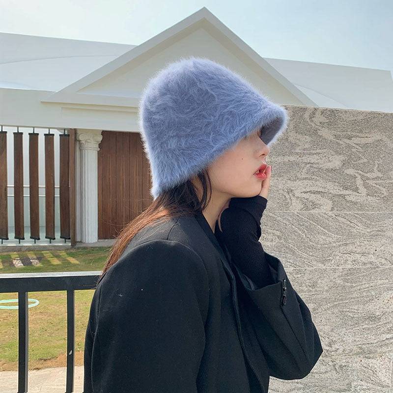 2020 Hat winter women's fashion Solid color rabbit fur hat bucket cap  fisherman's hat retro knitted wool basin Bucket Hat - Quid Mart