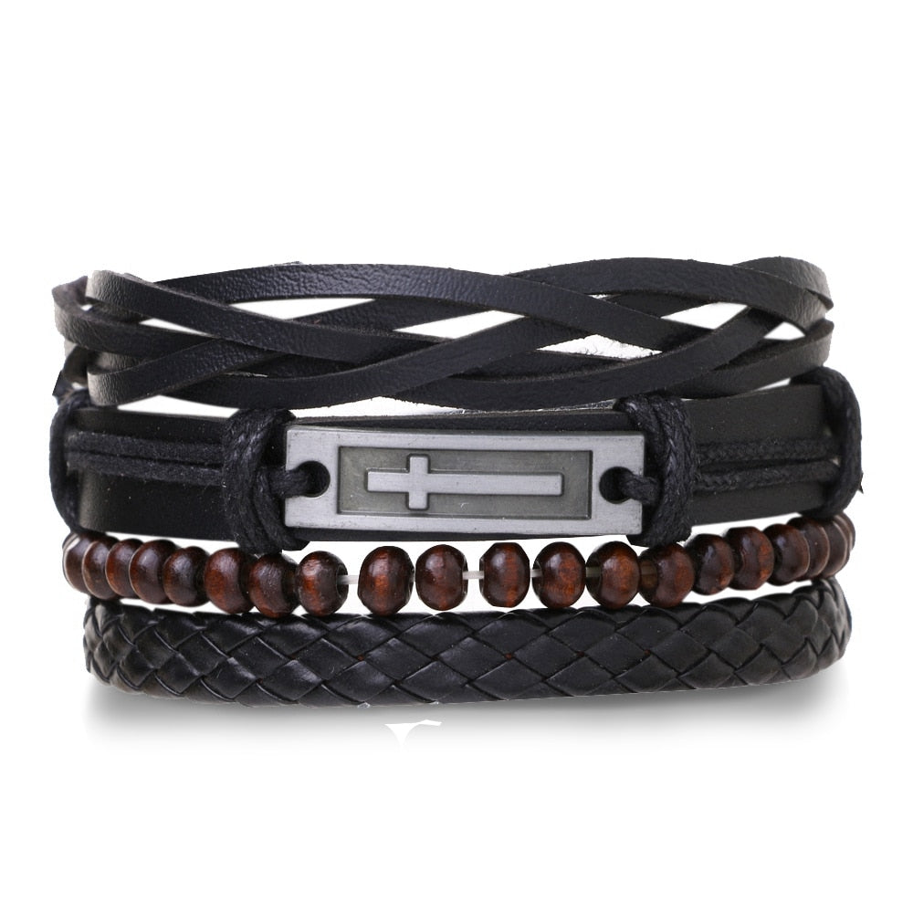 IFMIA Vintage Black Bead Bracelets For Men Fashion Hollow Triangle Leather Bracelet &amp; Bangles Multilayer Wide Wrap Jewelry 2020 - Quid Mart