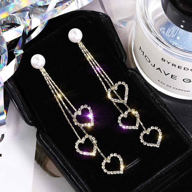 2022 Korean Earings Crystal Pearl Tassel Earrings Geometric Pendant Bride Wedding Jewelry Gift Earrings For Women - Quid Mart