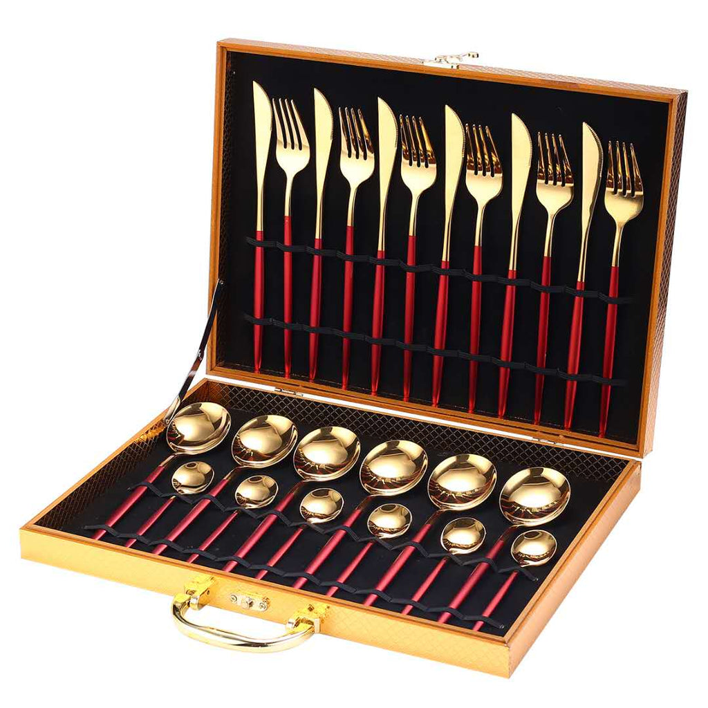 24pcs Gold Dinnerware Set Stainless Steel Tableware Set Knife Fork Spoon Luxury Cutlery Set Gift Box Flatware Dishwasher Safe - Quid Mart