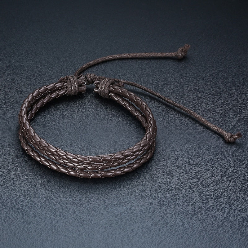 Vnox 4Pcs/ Set Braided Wrap Leather Bracelets for Men Vintage Life Tree Rudder Charm Wood Beads Ethnic Tribal Wristbands - Quid Mart
