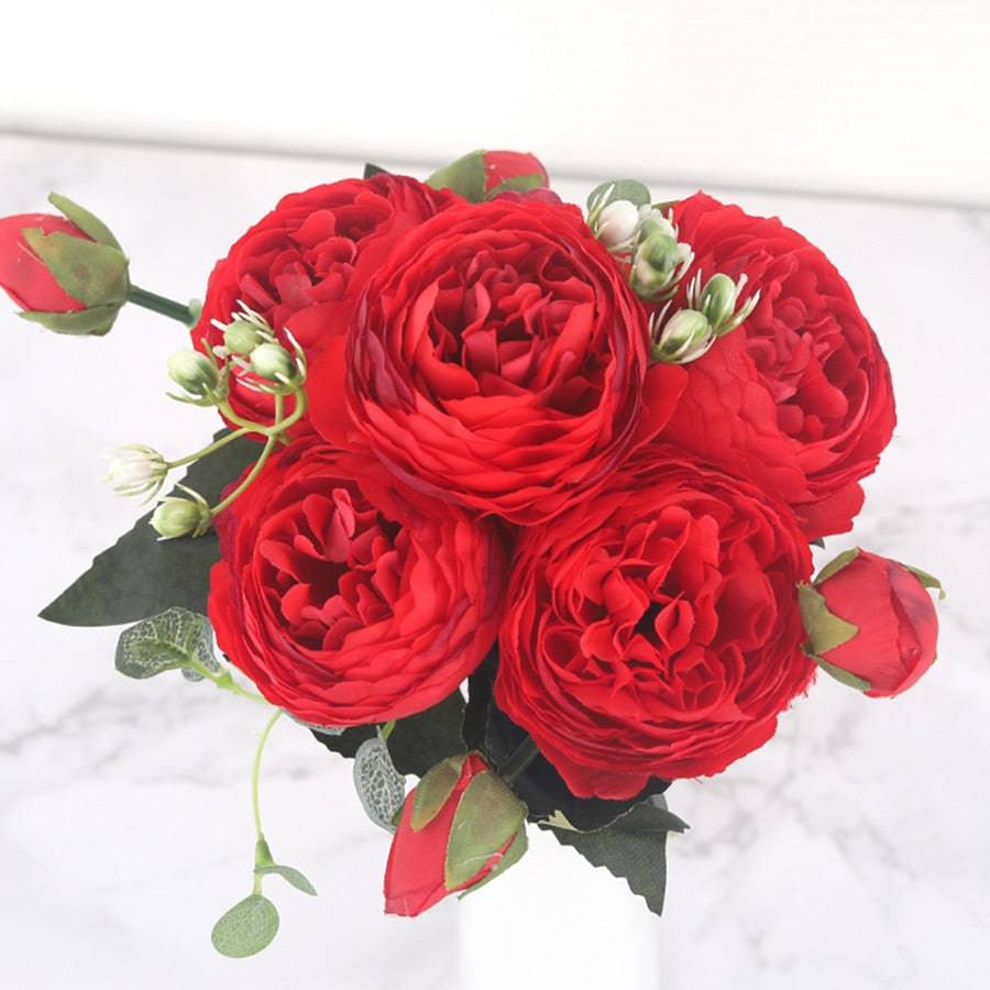 30cm Rose Pink Silk Peony Artificial Flowers Bouquet 5 Big Head and 4 Bud Cheap Fake Flowers for Home Wedding Decoration indoor - Quid Mart