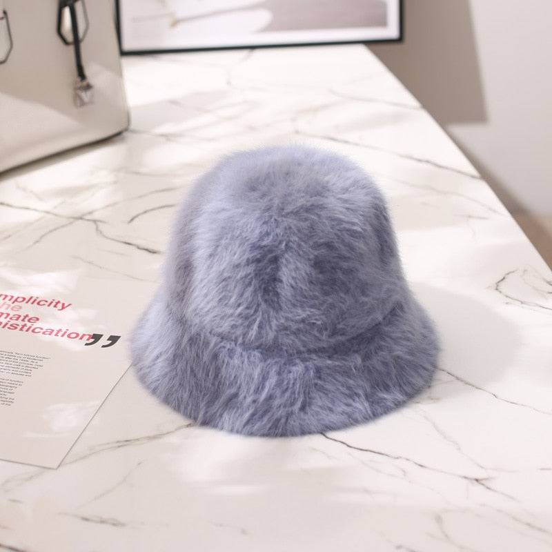 2020 Hat winter women's fashion Solid color rabbit fur hat bucket cap  fisherman's hat retro knitted wool basin Bucket Hat - Quid Mart