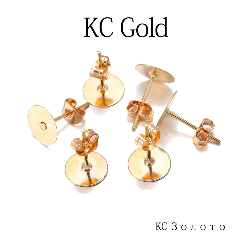 100pcs/lot 4-10mm Bronze Rhodium KC Gold Metal Blank Post Earring Studs Base Pins With Earring Plug Ear Back For Jewelry Makings - Quid Mart